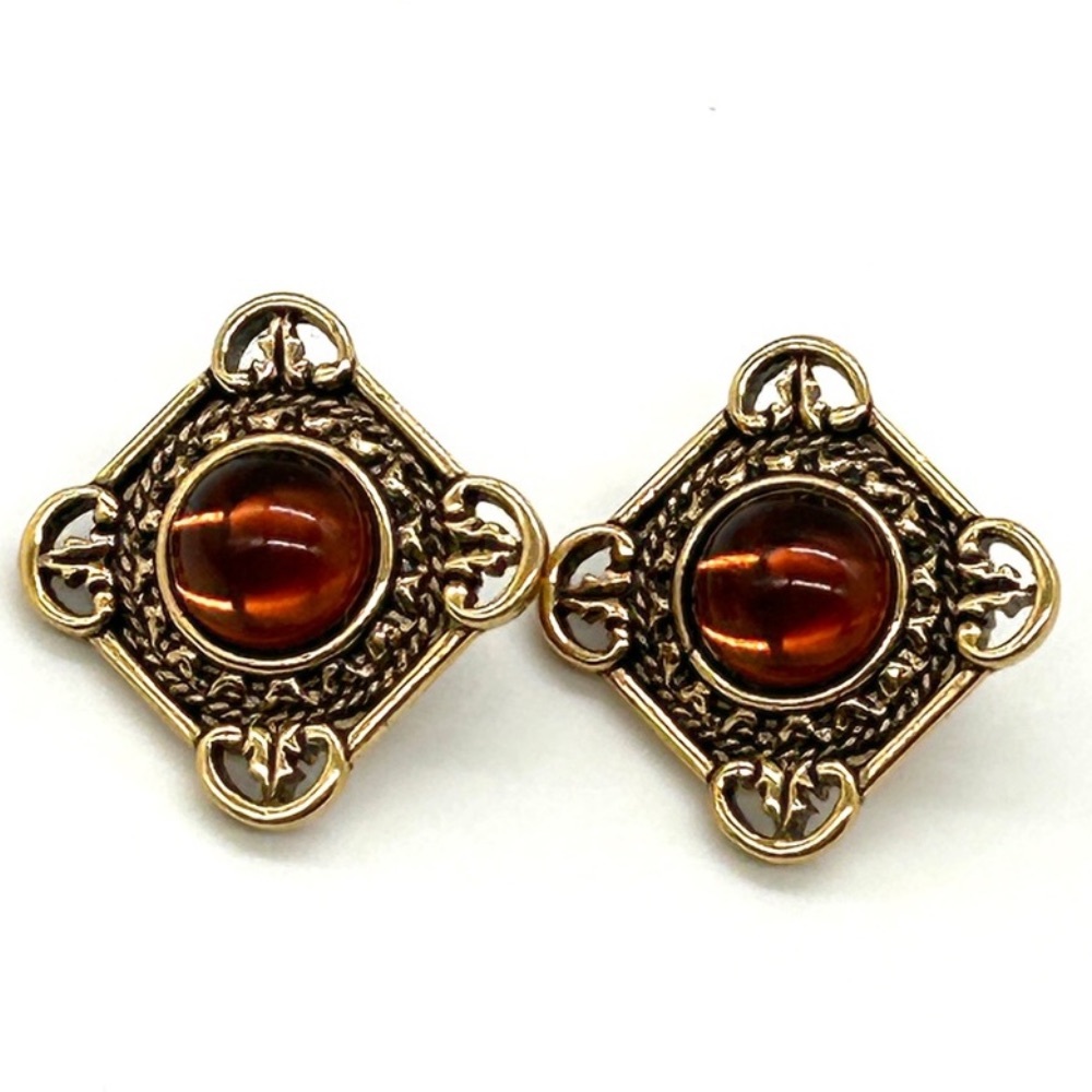 Vintage Amber Like Cabachon Square Post Earrings ~Very Nice!